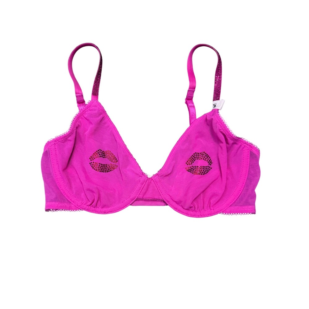 Victorias Secret Very Sexy Unlined Plunge Bra Rhinestone Lips Pink 32C NEW